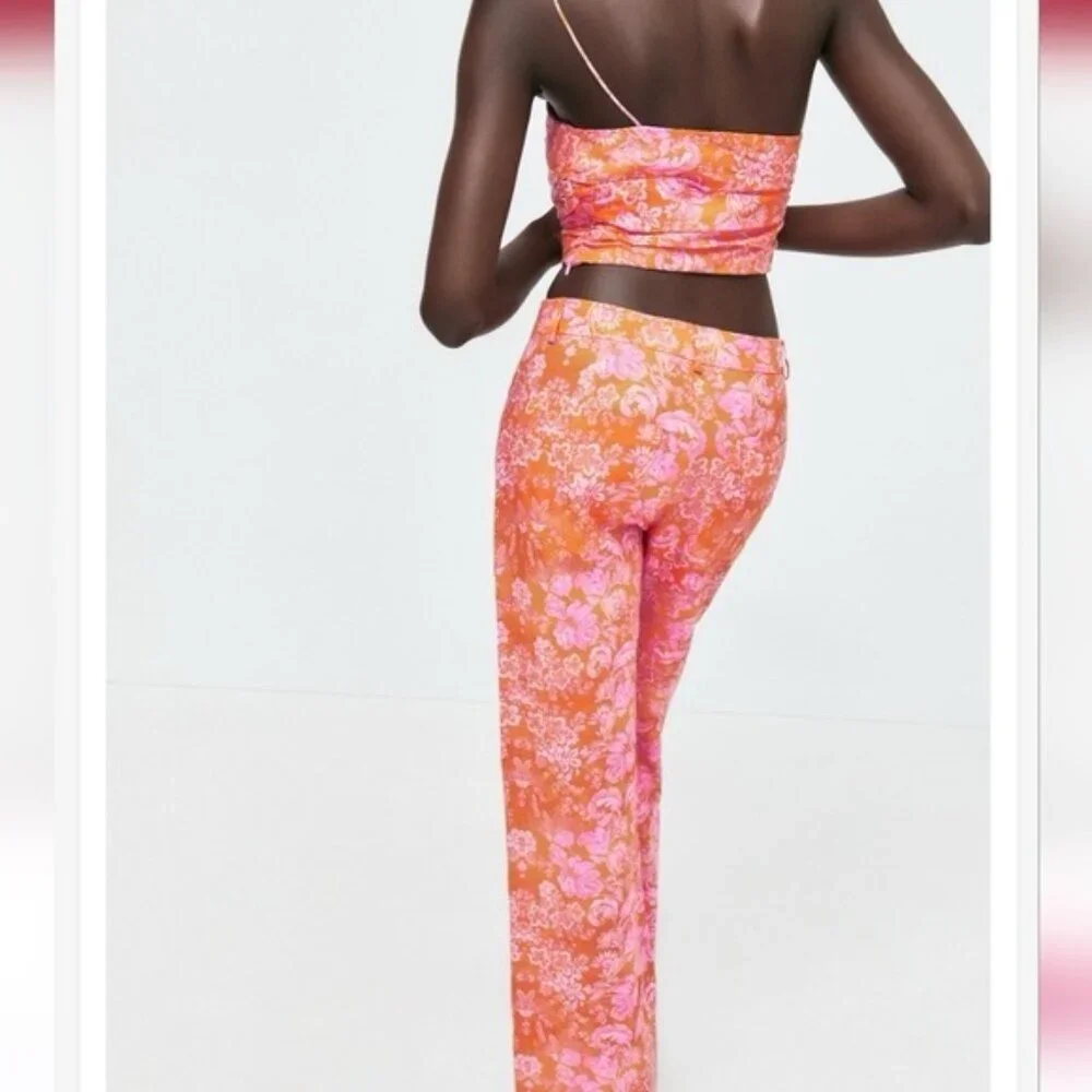NWT ZARA LINEN Blend Trousers High Rise Straight‎ Floral Pants 8042/010 Sz S